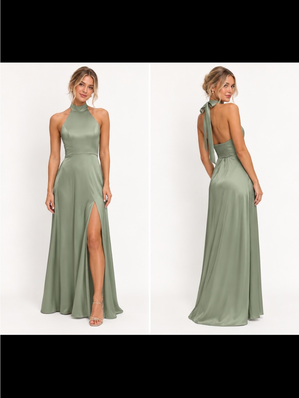 After Six Sage Satin Halter Maxi Dress with Back Tie and Side Slit